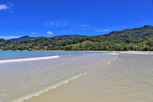 Sunny day beach view on the paradise islands Seychelles.