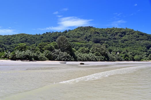 Sunny day beach view on the paradise islands Seychelles.