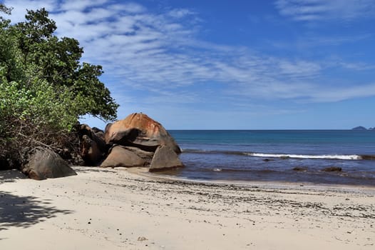 Sunny day beach view on the paradise islands Seychelles.