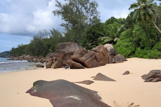 Sunny day beach view on the paradise islands Seychelles.