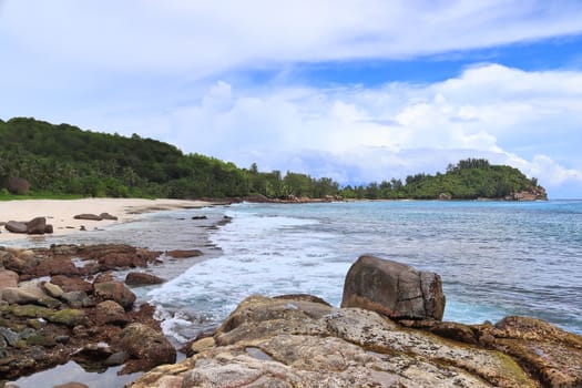 Sunny day beach view on the paradise islands Seychelles.