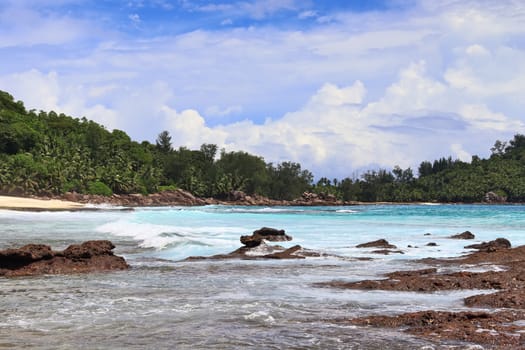 Sunny day beach view on the paradise islands Seychelles.