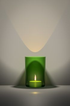 3d illustration of a candle in a green glass with space for your content