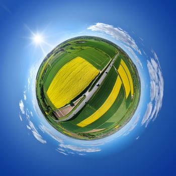 An image of a little planet rural rape fields and road