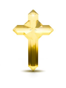 Golden crystal cross religious symbol on white background 3D illustration