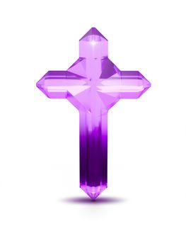 Purple crystal cross religious symbol on white background 3D illustration