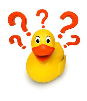 rubber ducky with red question marks 3D illustration