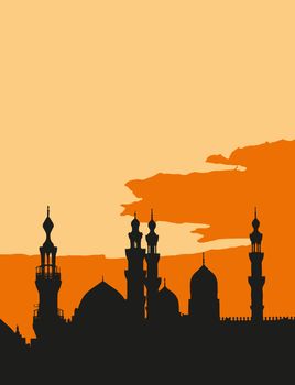 An illustration of the two mosques Al-Rifa'i and Sultan Hassan in Cairo Egypt at sunset