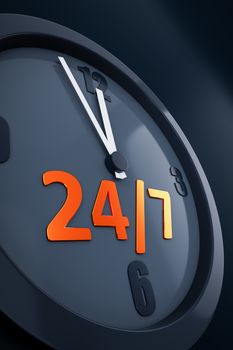A clock with text 24/7 3D illustration