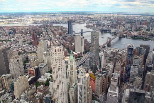 NEW YORK,USA- JUNE 18,2018:Aerial view of new york city from one world trade building.look the bridge