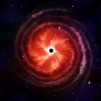 An illustration of a red spiral galaxy with black hole
