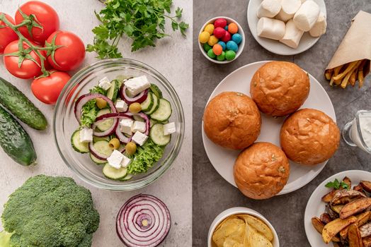 Healthy and unhealthy food concept. Fruit and vegetables vs sweets and potato fries top view flat lay