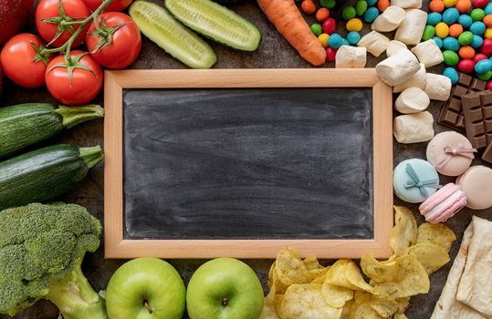 Healthy and unhealthy food concept. Fruit and vegetables vs sweets and potato fries around the blank chalk board top view flat lay
