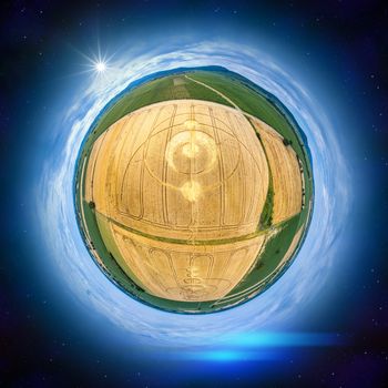 An image of crop circles at Alsace France as a little planet panorama