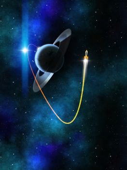 An illustration of a blue planet rocket launch