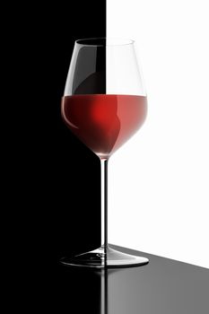 A glass of red wine black and white reflections 3d illustration