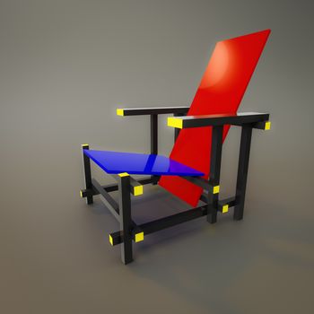 An image of a red and blue chair of the year 1917 by designer Rietveld