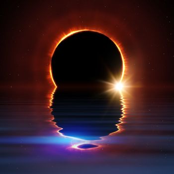 total sun eclipse water reflection with stars and flare illustration