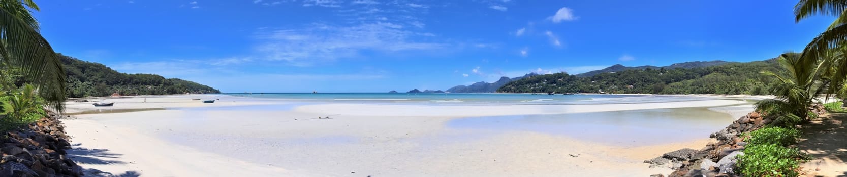 Stunning high resolution beach panorama taken on the paradise islands Seychelles.