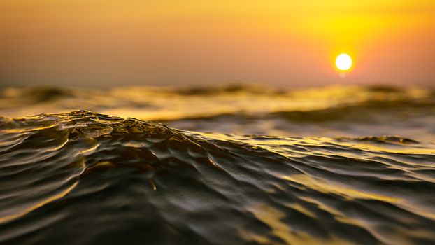 A golden sunset ocean wave background 3D illustration