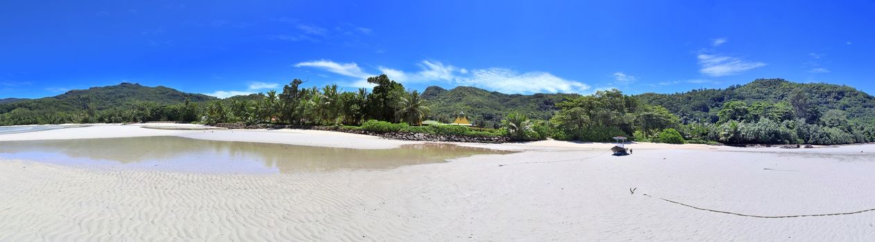 Stunning high resolution beach panorama taken on the paradise islands Seychelles.