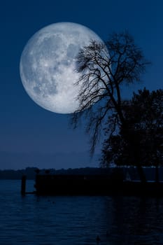 An image of a beautiful full moon with tree lake reflections