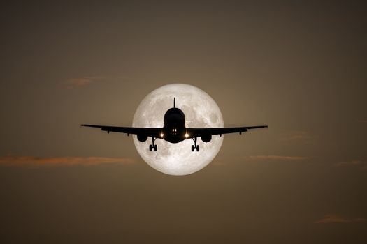 A photograph of a jet airplane in the moon