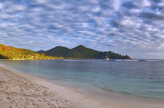 Stunning high resolution beach panorama taken on the paradise islands Seychelles.