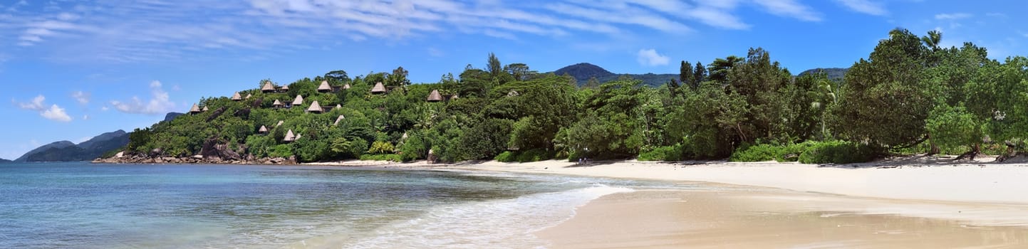 Stunning high resolution beach panorama taken on the paradise islands Seychelles.