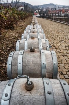 Small grey vintage tasting wine caskets in a row along a cobblestone path. Shot in winter season with St. Claire's vineyard Prague, Czech Republic in the background. Cool toned with hills in the distance.
