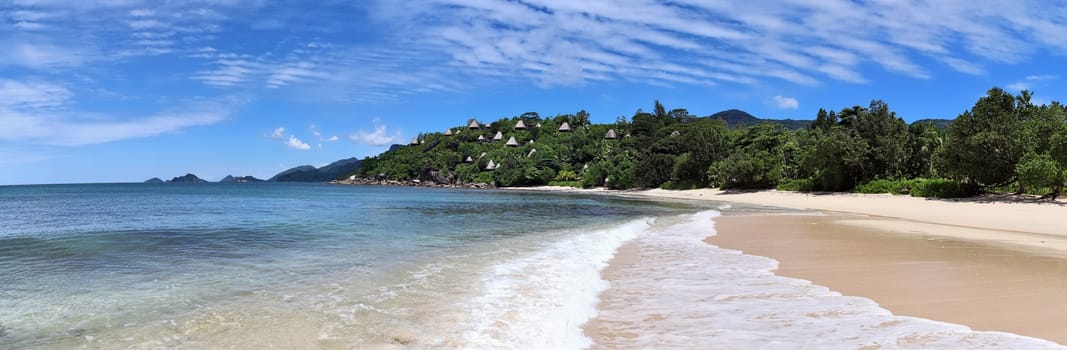 Stunning high resolution beach panorama taken on the paradise islands Seychelles.