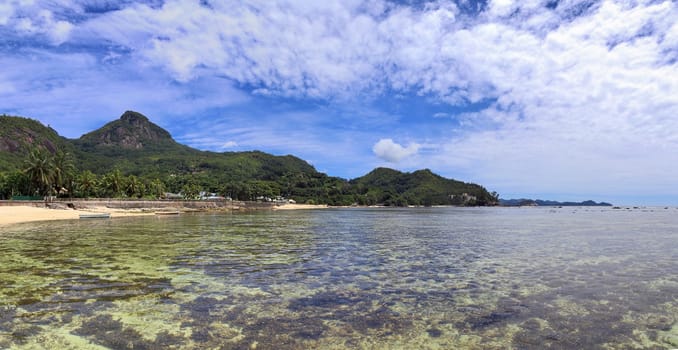 Stunning high resolution beach panorama taken on the paradise islands Seychelles.