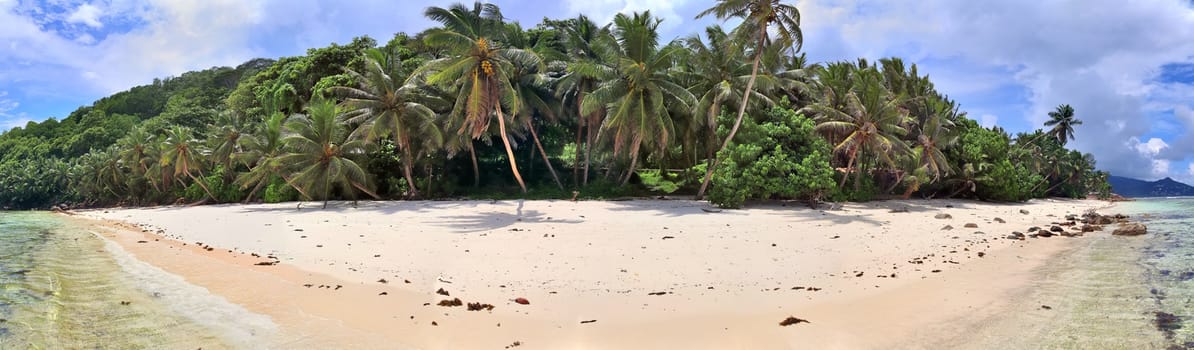 Stunning high resolution beach panorama taken on the paradise islands Seychelles.