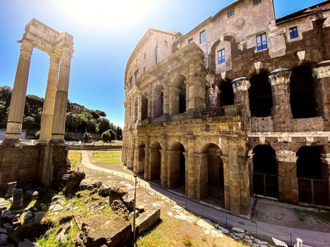 Theatre of Marcellus in Rome on a sunny spring day. Ancient roman ruins