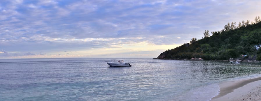 Stunning high resolution beach panorama taken on the paradise islands Seychelles.