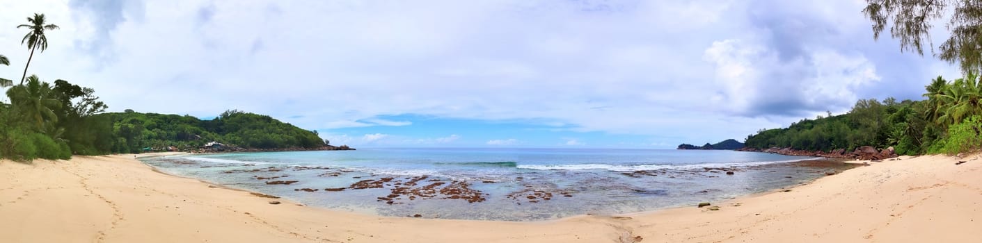 Stunning high resolution beach panorama taken on the paradise islands Seychelles.