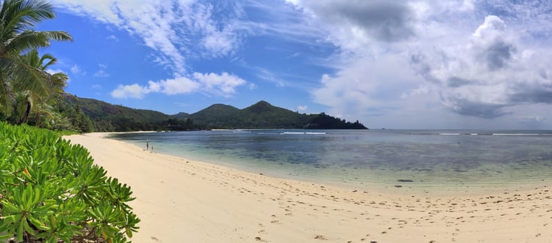 Stunning high resolution beach panorama taken on the paradise islands Seychelles.