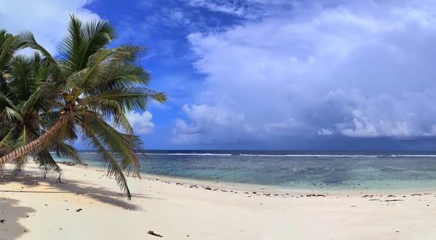 Stunning high resolution beach panorama taken on the paradise islands Seychelles.