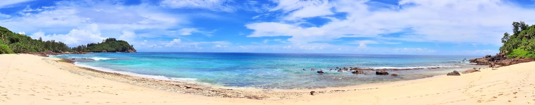 Stunning high resolution beach panorama taken on the paradise islands Seychelles.