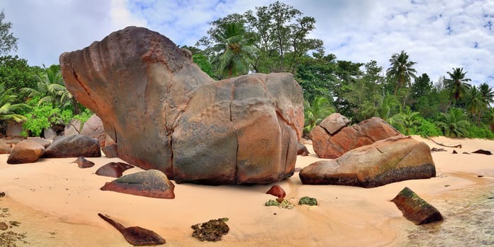 Stunning high resolution beach panorama taken on the paradise islands Seychelles.