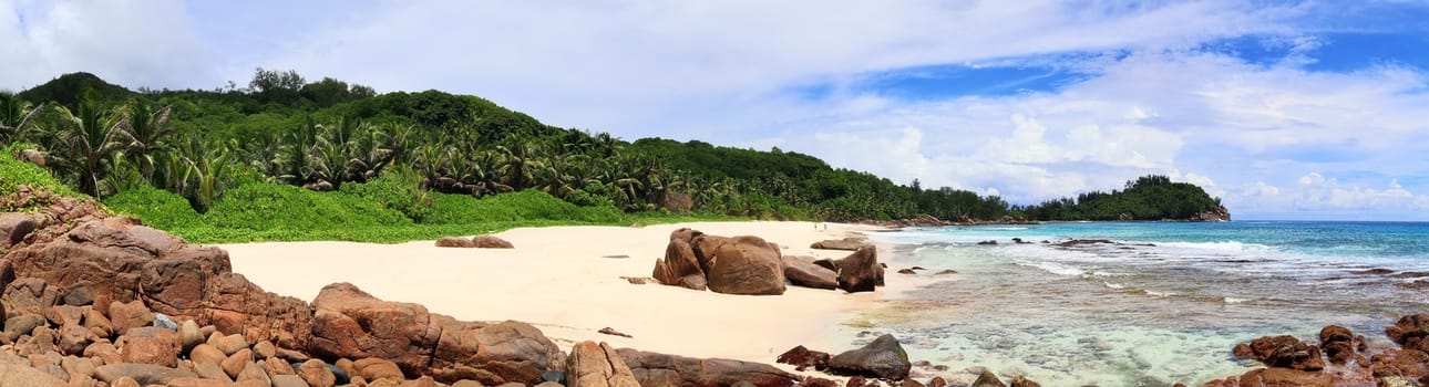 Stunning high resolution beach panorama taken on the paradise islands Seychelles.