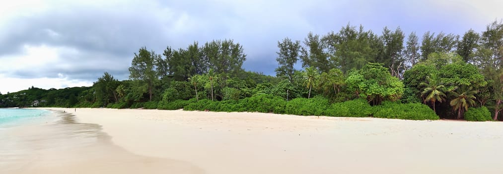 Stunning high resolution beach panorama taken on the paradise islands Seychelles.