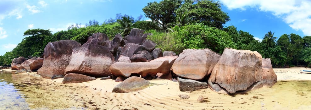 Stunning high resolution beach panorama taken on the paradise islands Seychelles.