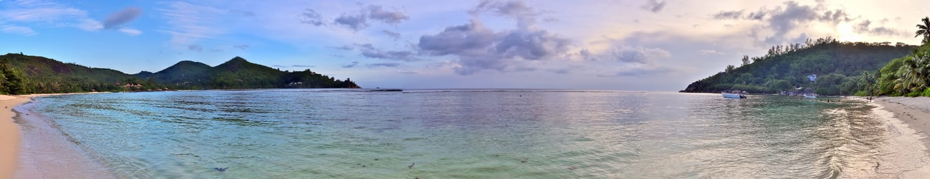 Stunning high resolution beach panorama taken on the paradise islands Seychelles.