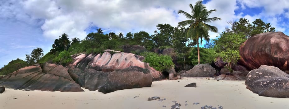 Stunning high resolution beach panorama taken on the paradise islands Seychelles.