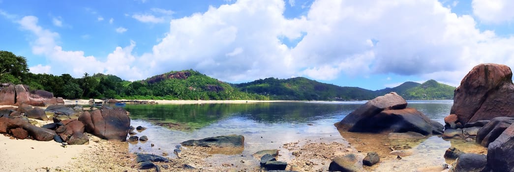 Stunning high resolution beach panorama taken on the paradise islands Seychelles.