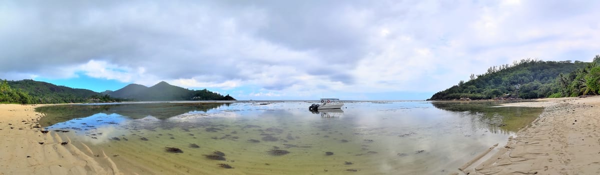 Stunning high resolution beach panorama taken on the paradise islands Seychelles.