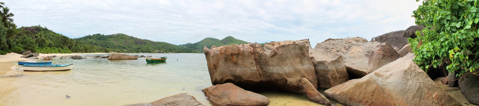 Stunning high resolution beach panorama taken on the paradise islands Seychelles.