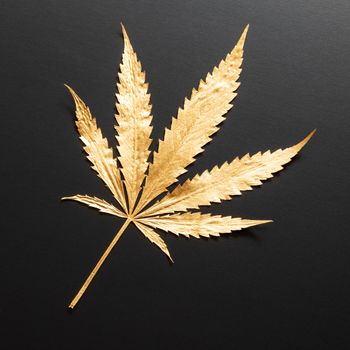 A golden Cannabis leaf symbol isolated on black