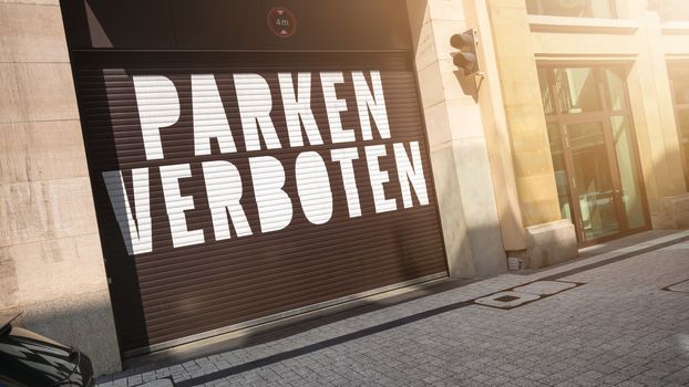 An image of the text parking forbidden in german language on a garage door